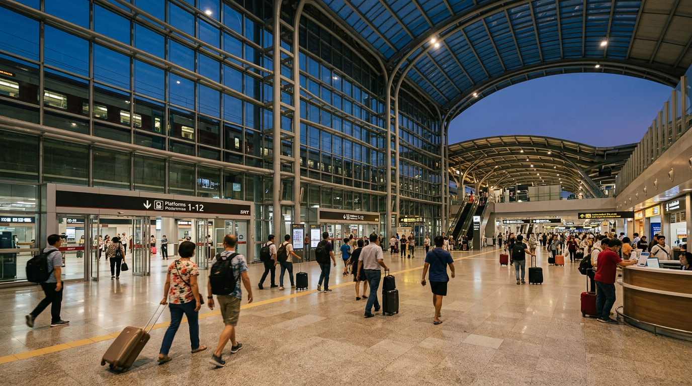 Modern Krung Thep Aphiwat Central Terminal station in Bangkok with passengers walking to trains.
