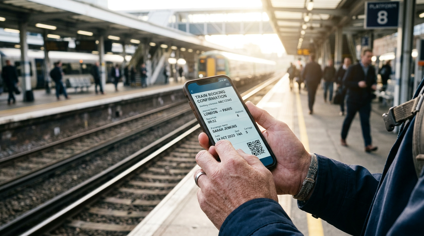Traveler holding a smartphone with a digital train ticket booking confirmation at a station.
