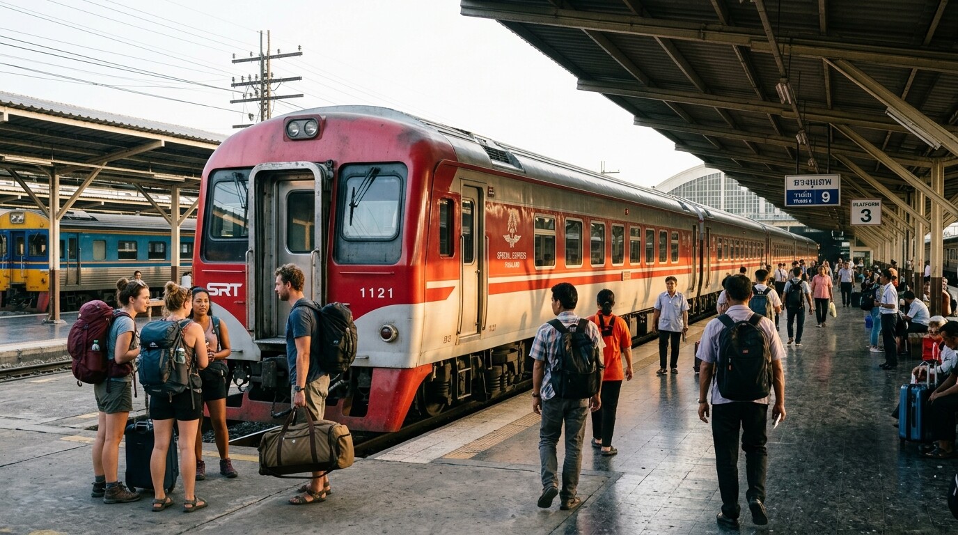 A modern red and silver Thai sleeper train parked at a station platform during sunrise.