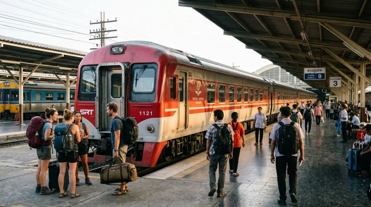 Un moderno tren cama tailandés rojo y plateado estacionado en el andén de una estación durante el amanecer.