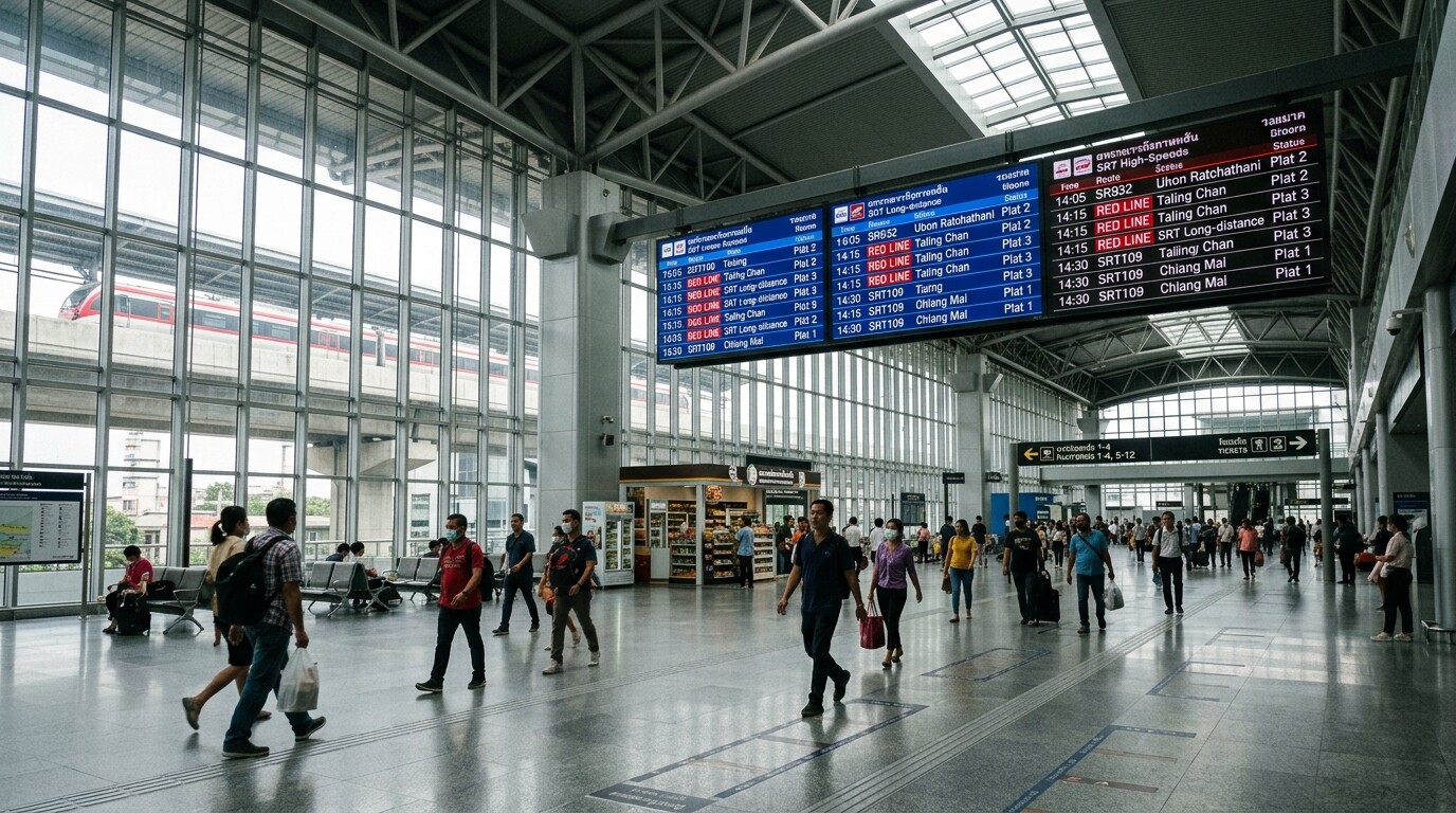 The spacious and modern interior of Krung Thep Aphiwat Central Terminal in Bangkok, Thailand.