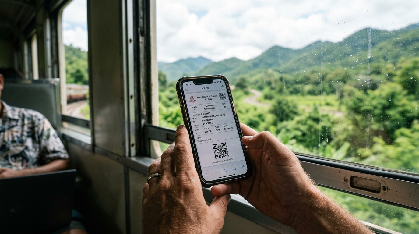 A digital Thai train ticket displayed on a smartphone screen with scenic mountains in the background.