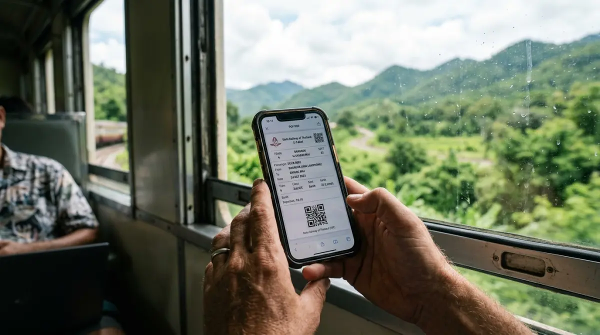 Un billete de tren tailandés digital mostrado en la pantalla de un smartphone con montañas escénicas al fondo.