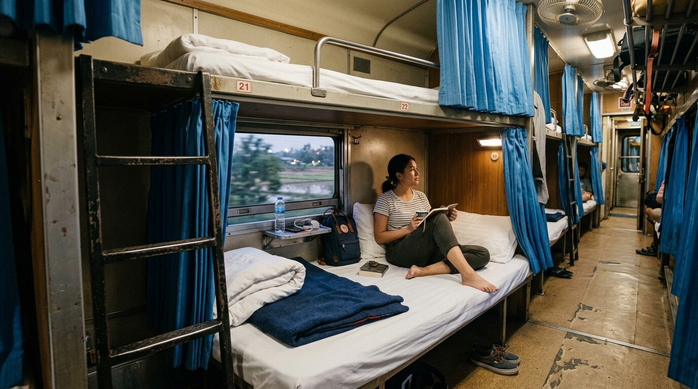 A cozy second-class sleeper bunk on a Thai train with clean white bedding and curtains.