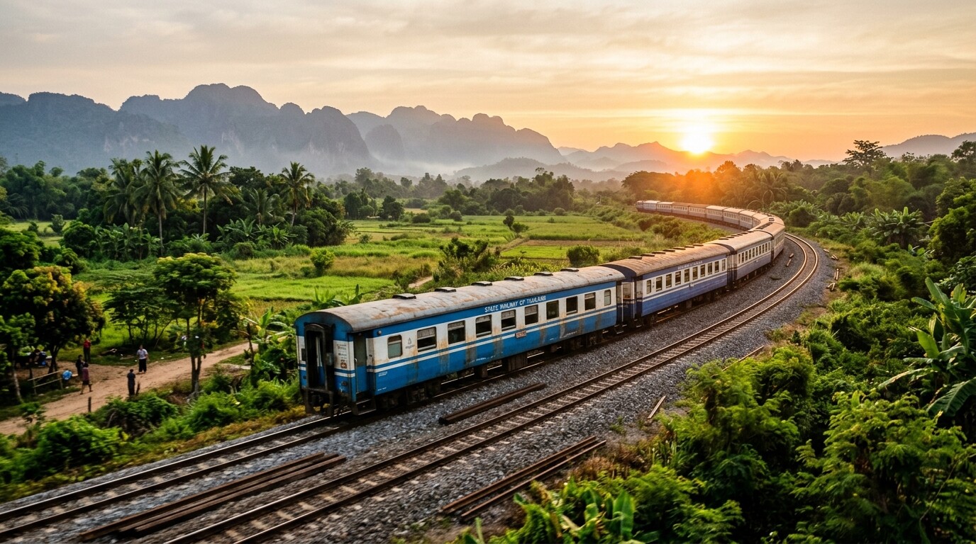 A Thai sleeper train traveling through a lush tropical landscape during a golden sunrise.