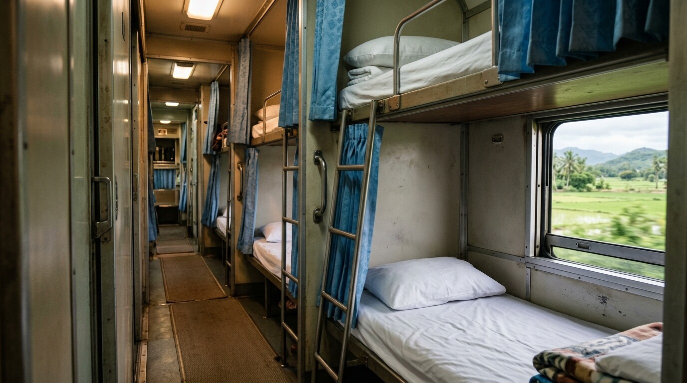 The interior of a Thai second-class sleeper train with tidy bunk beds and blue curtains.