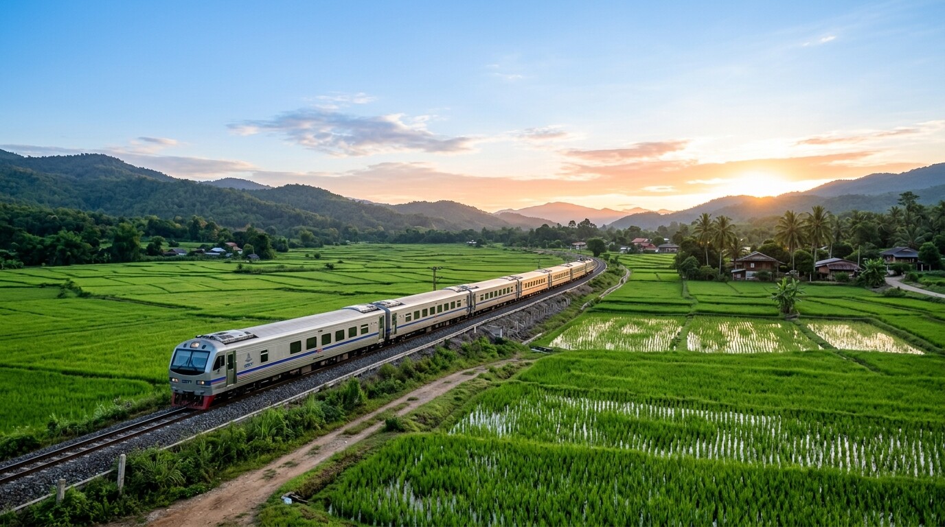 A modern silver Thai sleeper train traveling through green rice fields at sunrise.