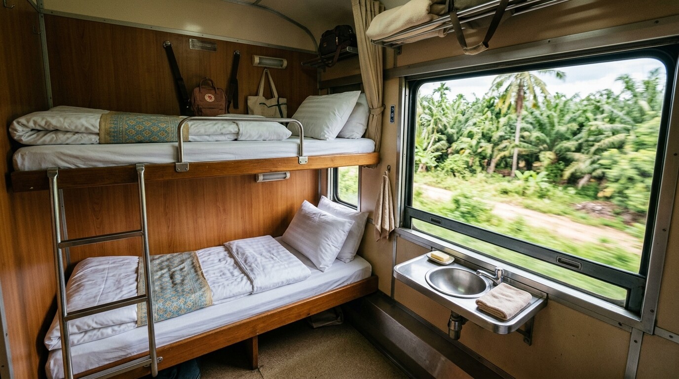 Interior of a clean, private first-class sleeper cabin on a Thailand train.