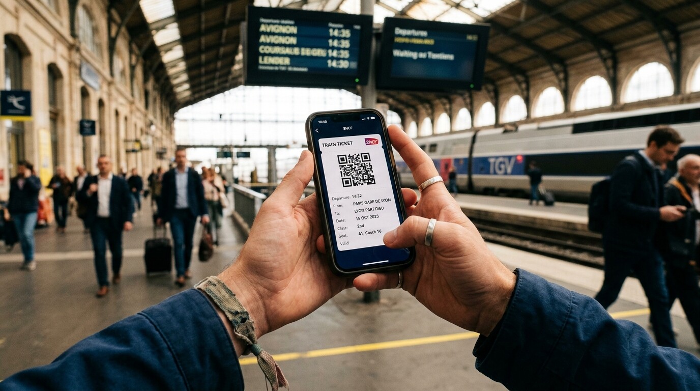 A traveler holding a smartphone displaying a digital Thai train e-ticket.