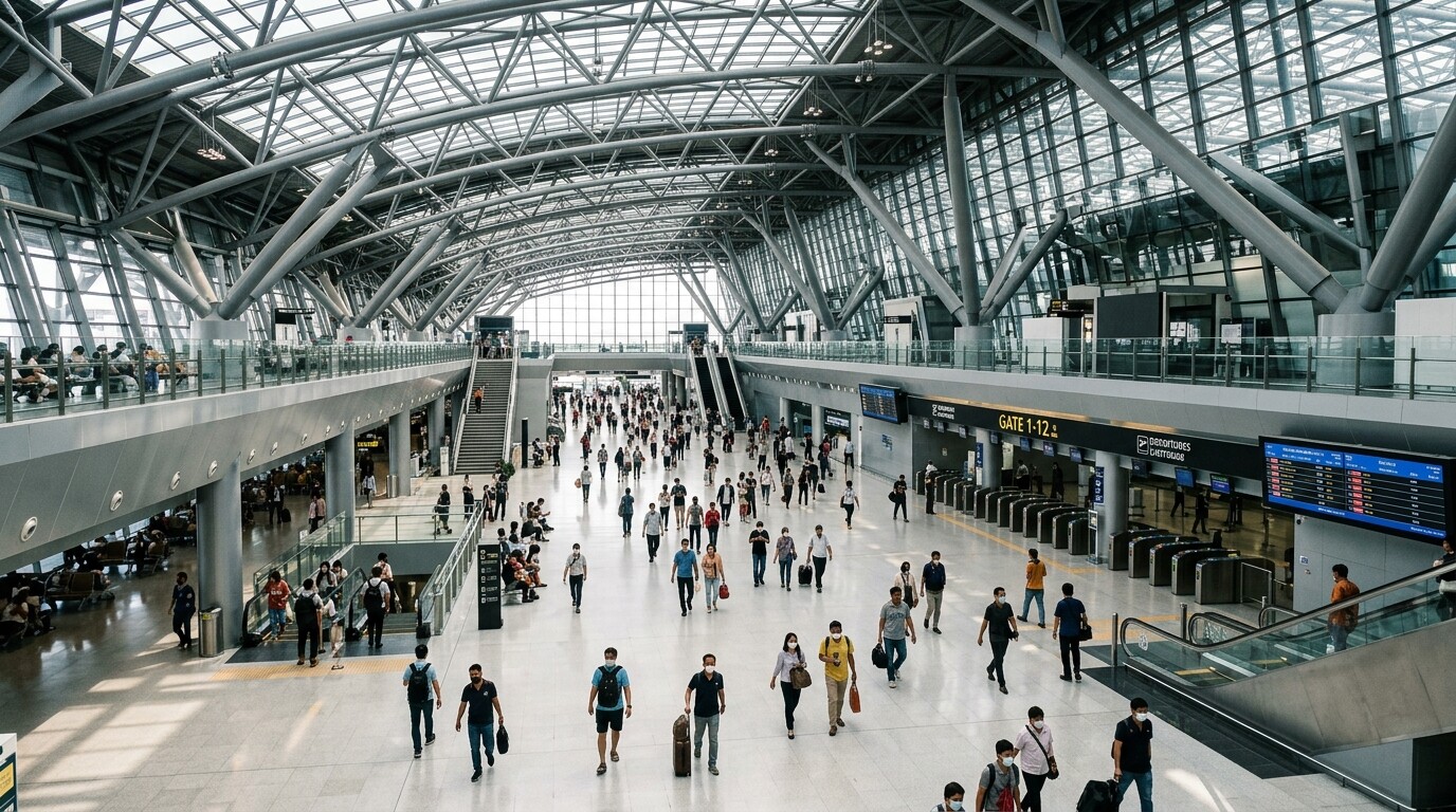 The modern and spacious interior of Krung Thep Aphiwat Central Terminal in Bangkok.