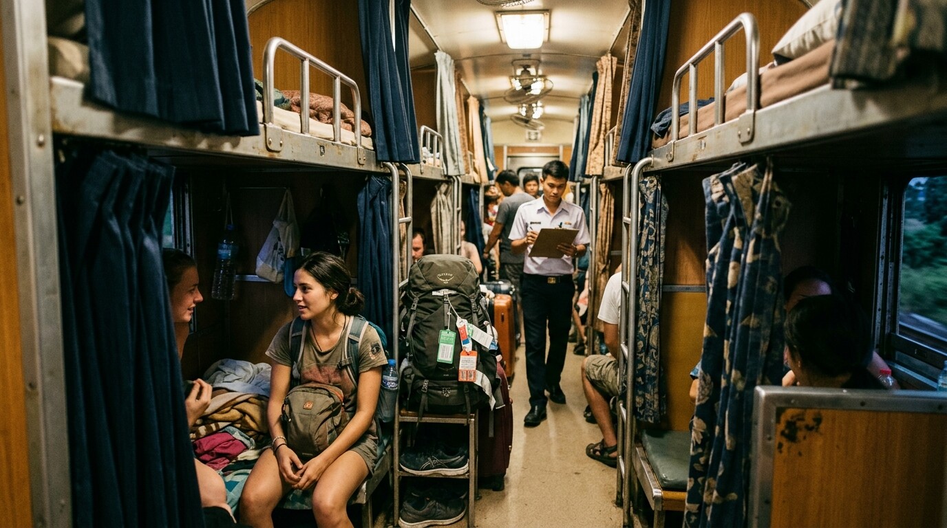 Photograph illustrating Second Class Sleeper Thailand: The Backp