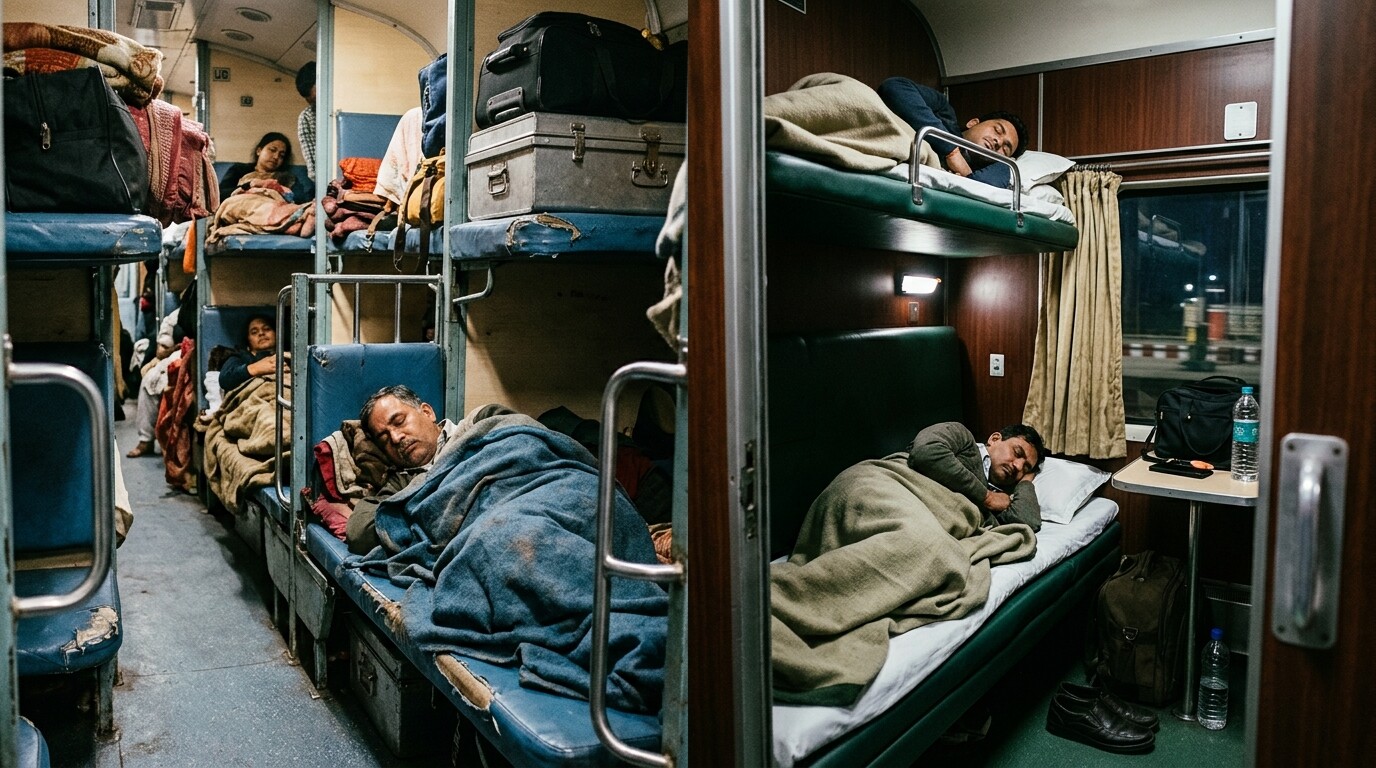 Photograph illustrating First Class vs. Second Class Sleepers: T