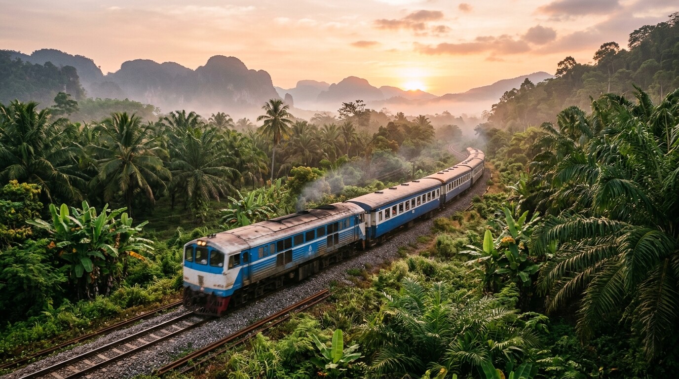 A Thai sleeper train traveling through a misty tropical palm grove at sunrise.