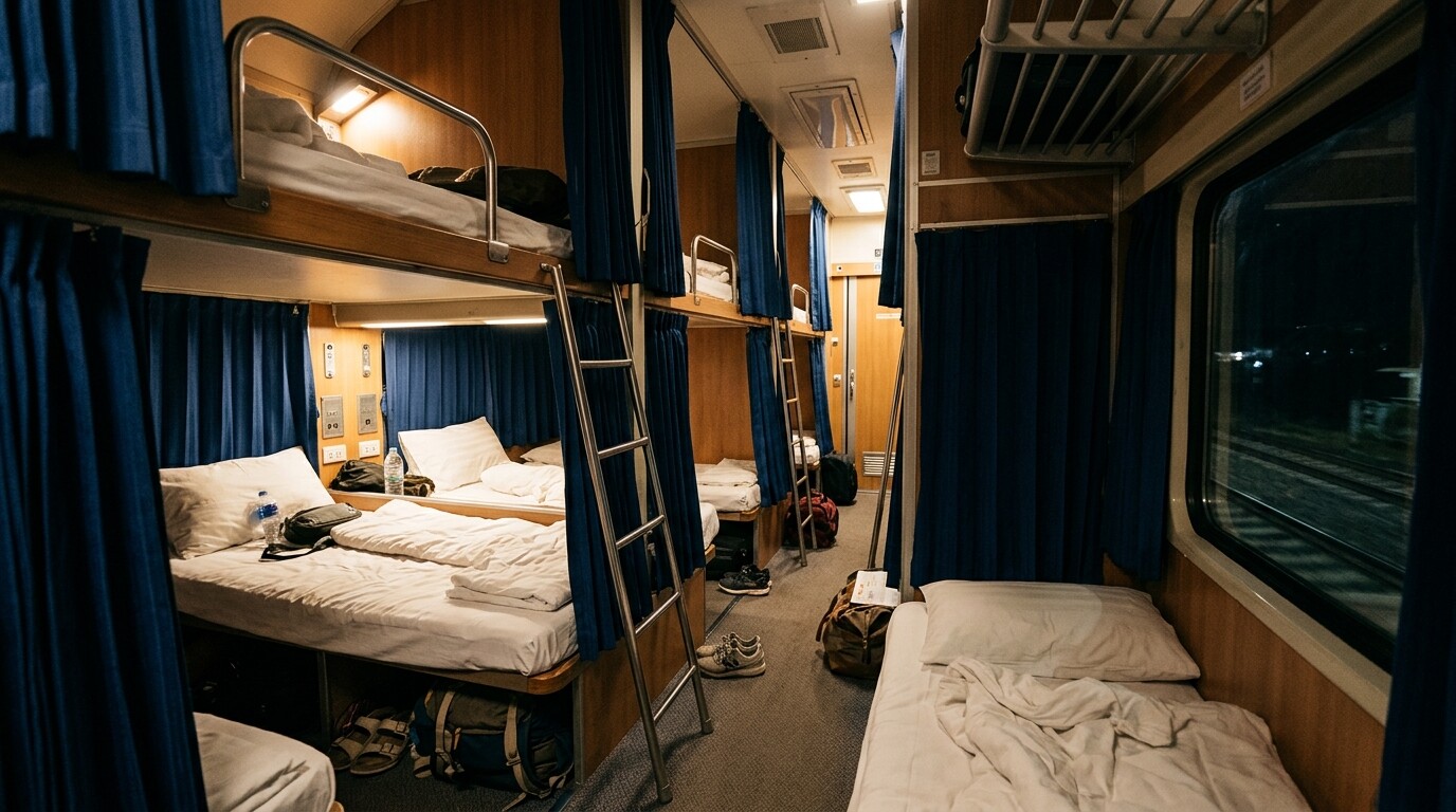 Interior view of a tidy second-class sleeper carriage with bunks and blue curtains.