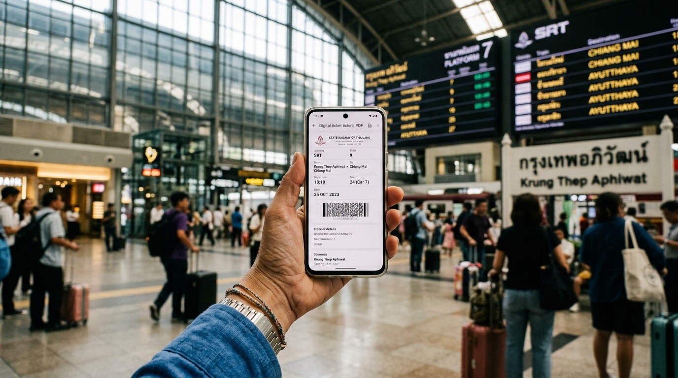 A traveler holding a smartphone with a digital train ticket at a modern station.