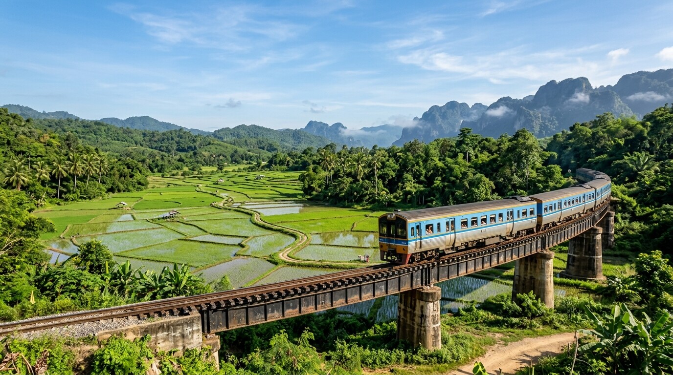 A blue and white Thai train traveling through the lush green countryside towards Ayutthaya.