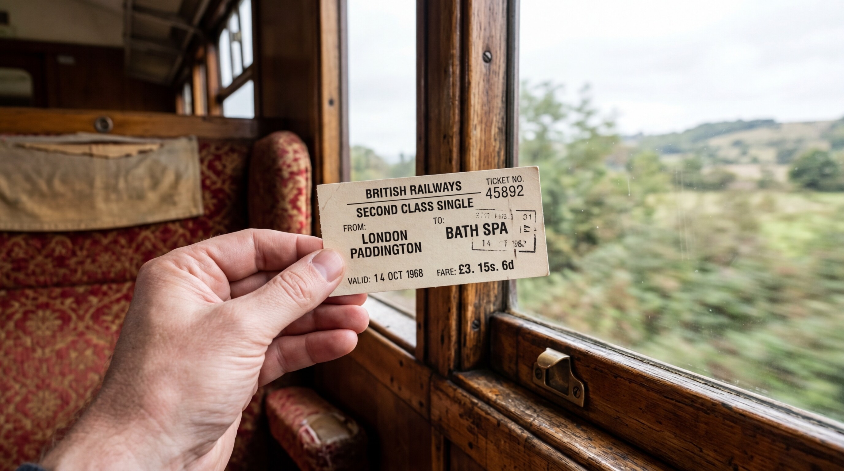 A close-up of a Thai railway ticket held inside a traditional wooden train carriage.
