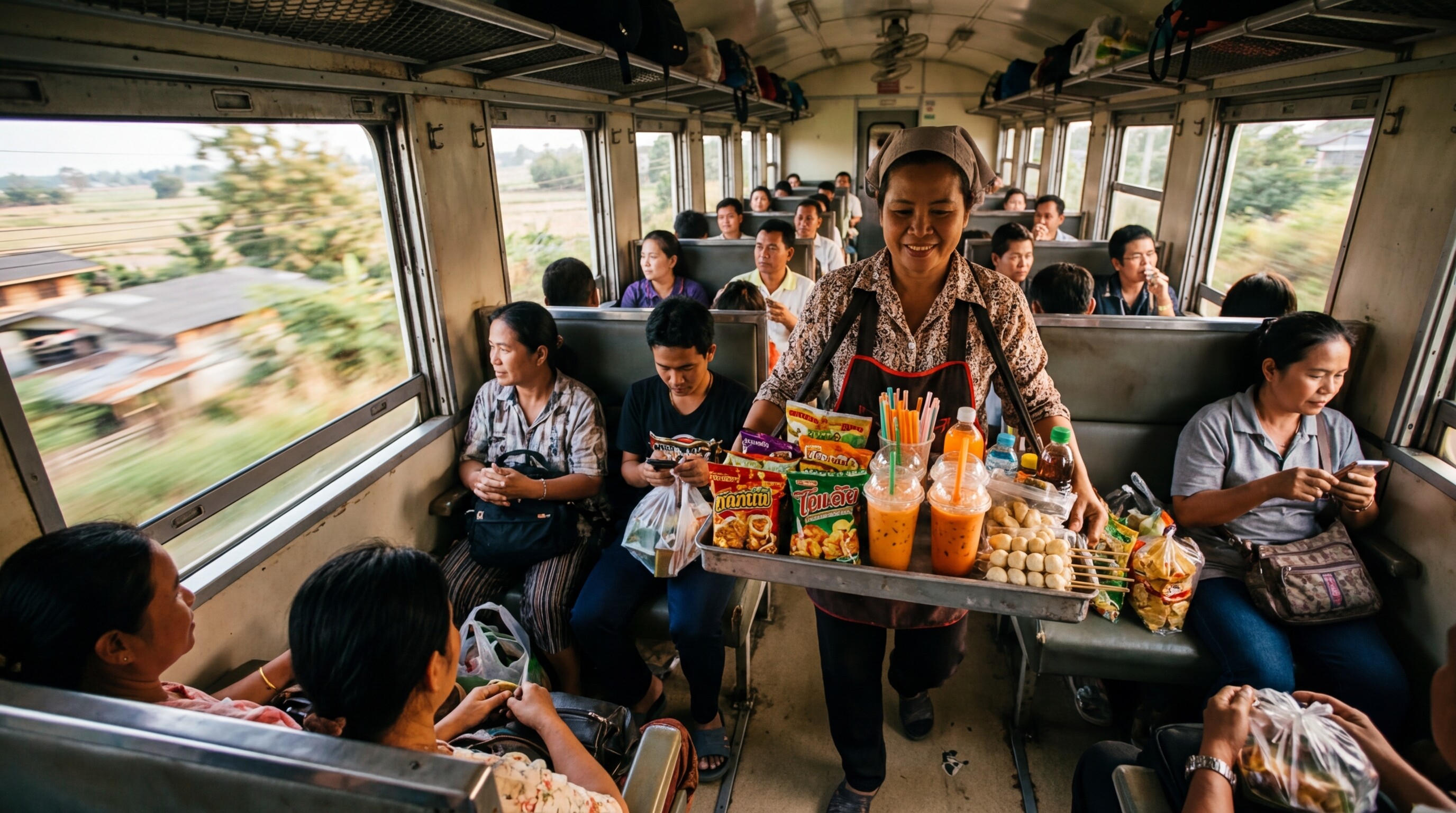 A local food vendor selling refreshments to passengers on the train journey to Ayutthaya.