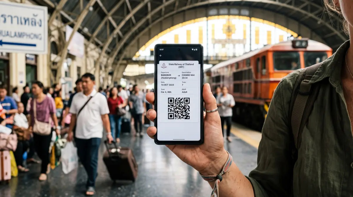 A traveler holding a smartphone with a digital train ticket QR code at a station.