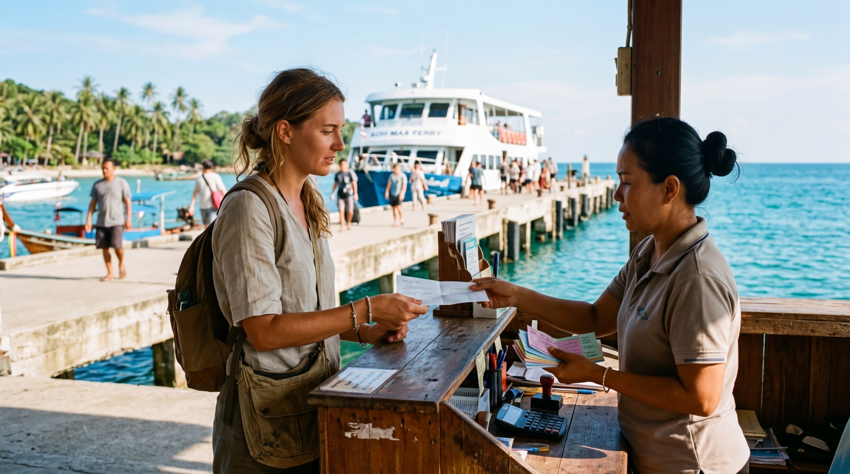 A person exchanging a paper voucher for a ferry ticket at a tropical travel counter.