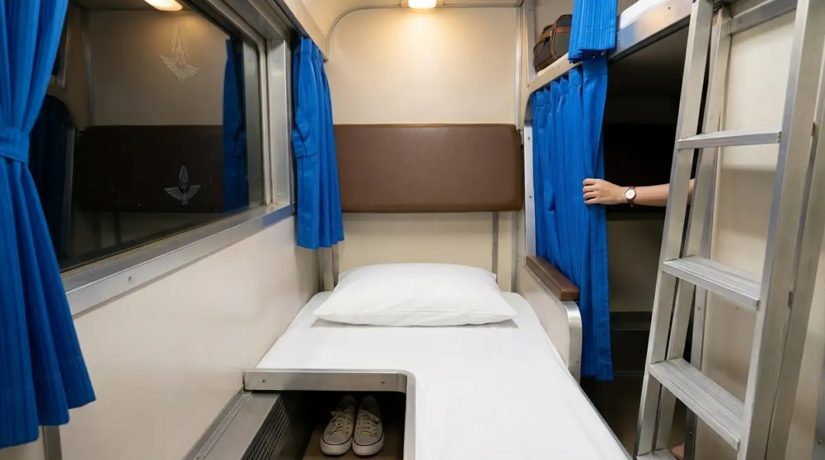 Second-class sleeper carriage interior on a Thai train.